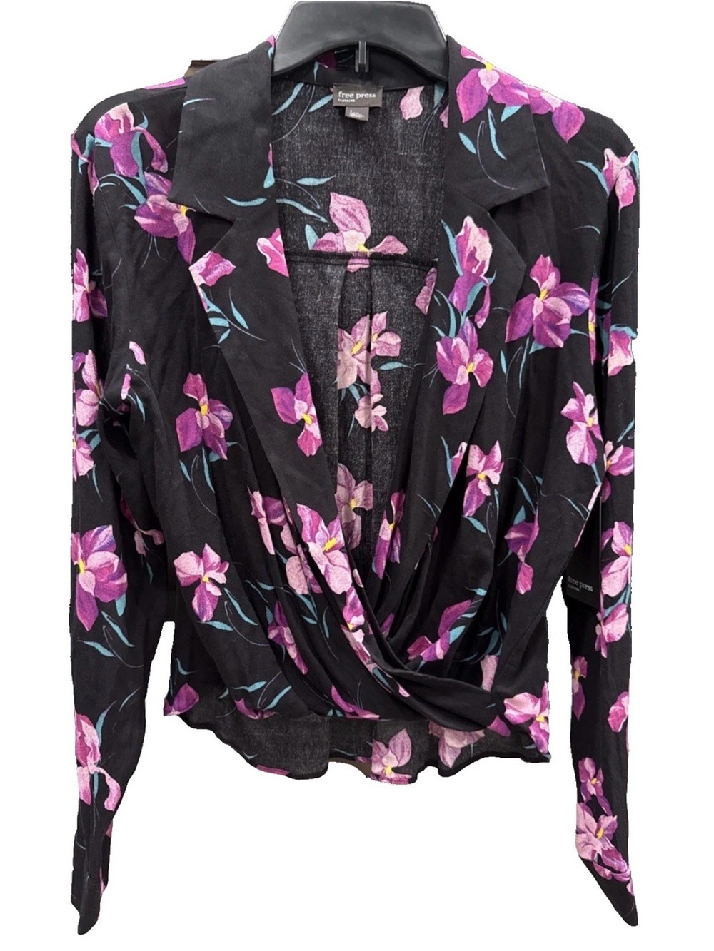 Free Press Women's S Long Sleeve Surplice Blouse Black Multi Floral NWT